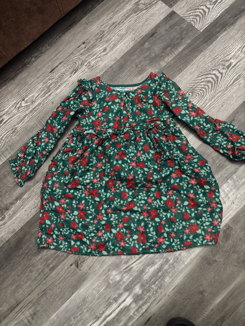 Cat & Jack Green Floral Long Sleeve Dress with Red Accents